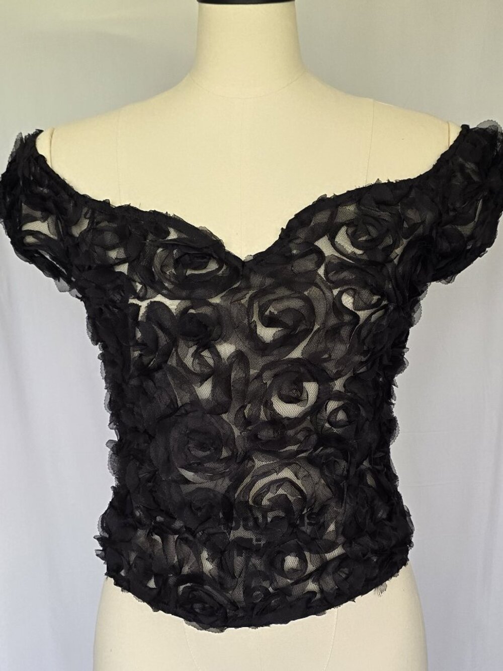 Anthropologie Maeve NWT Off-Shoulder 3D Rosette Top Black Mesh Blouse Large